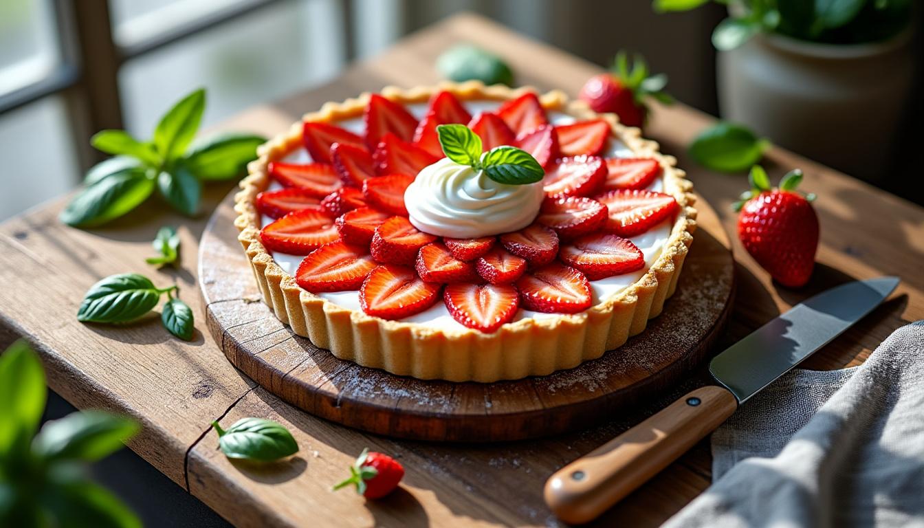 découvrez notre délicieuse tarte aux fraises garnie d'une crème d'amande onctueuse, surmontée d'une chantilly légère au mascarpone, pour un dessert frais et gourmand.
