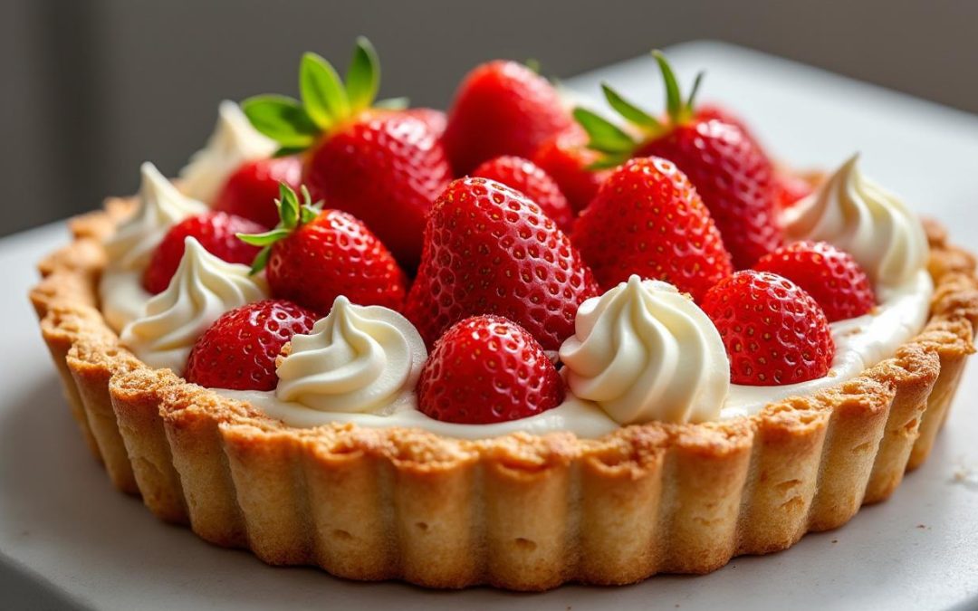 découvrez notre délicieuse tarte aux fraises garnie d'une crème d'amande onctueuse, surmontée d'une chantilly légère au mascarpone, pour un dessert frais et gourmand.