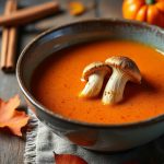 découvrez notre velouté de potimarron épicé, rehaussé de girolles fraîches pour une explosion de saveurs automnales et chaleureuses.