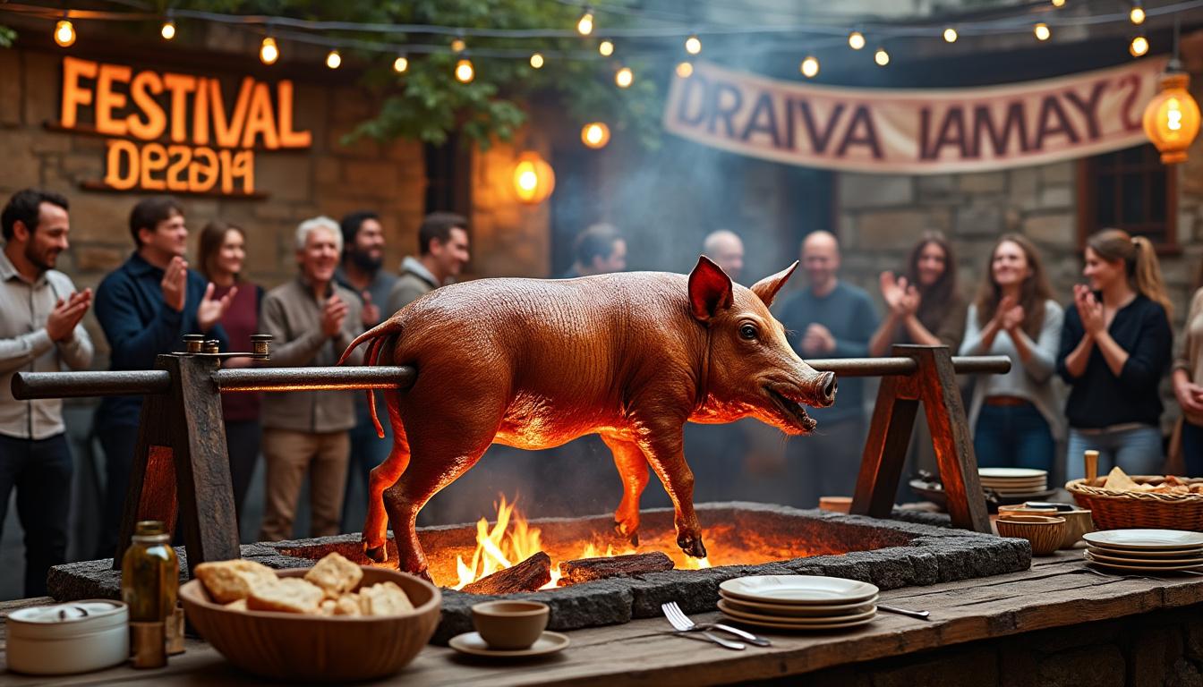 savourez un cochon de lait à la broche parfaitement rôti, tendre et croustillant, idéal pour vos repas conviviaux et festifs.