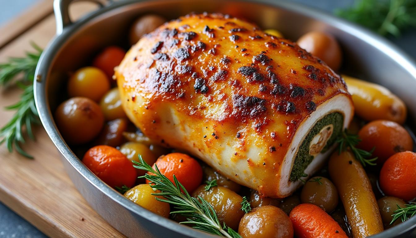 découvrez la méthode idéale pour cuire un rôti de chapon farci au four en chaleur tournante, garantissant une viande tendre et une farce savoureuse.