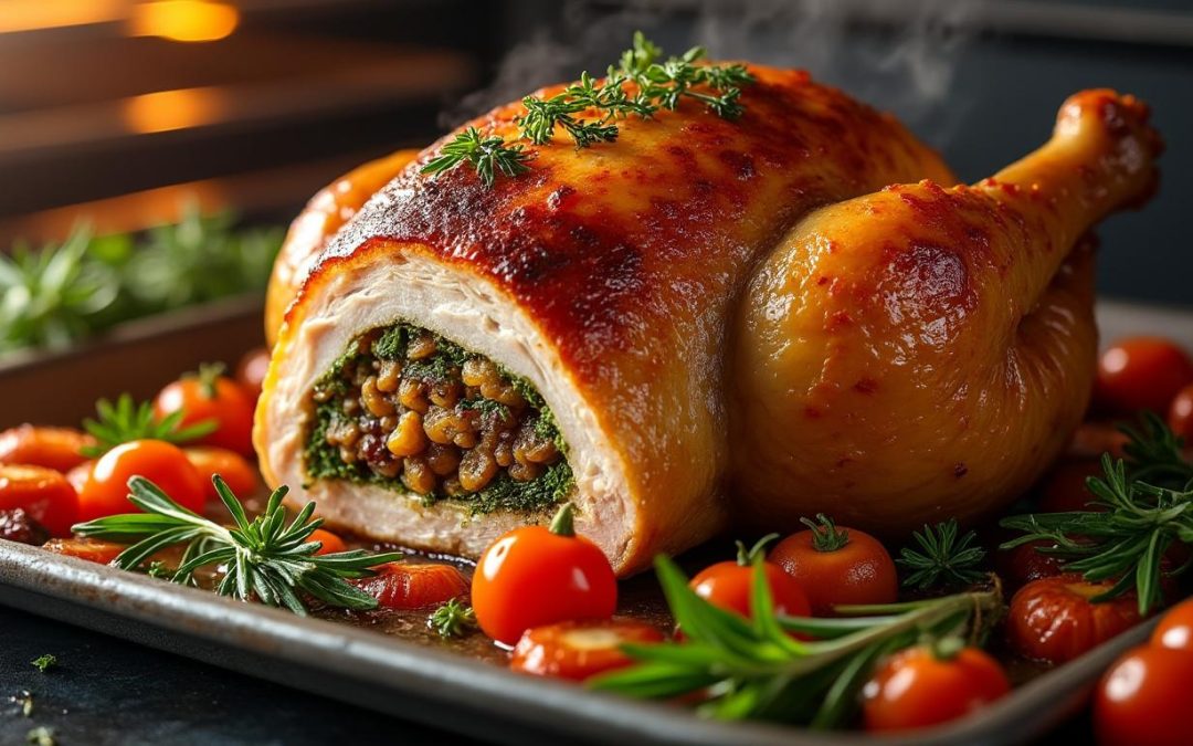 Cuisson du rôti de chapon farci au four en chaleur tournante