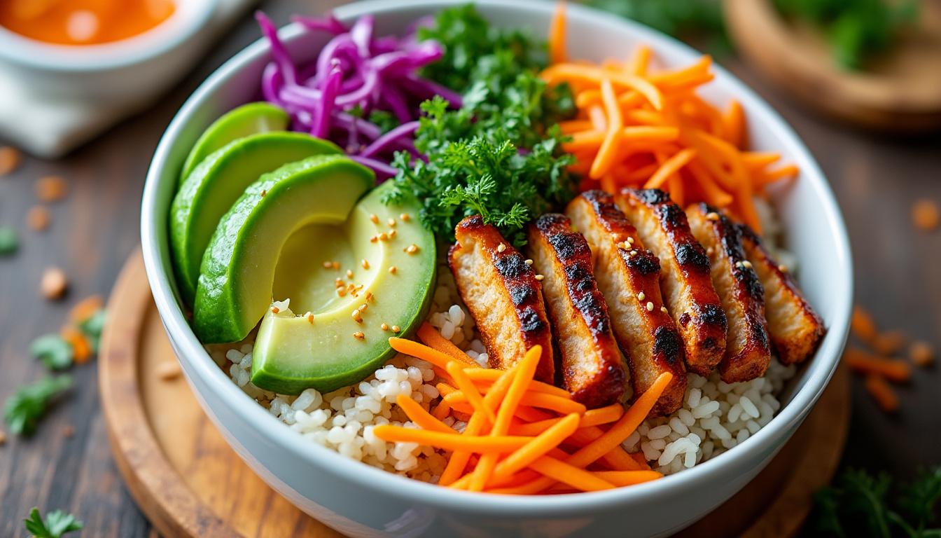 découvrez la recette facile et savoureuse du poke bowl au poulet, un plat équilibré et coloré parfait pour un déjeuner sain et rapide.