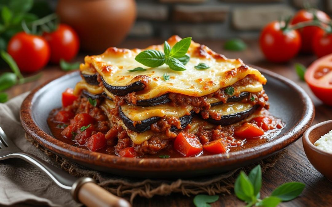 découvrez la recette traditionnelle de la moussaka grecque, un plat savoureux à base d'aubergines, viande hachée et béchamel, parfait pour un repas authentique.