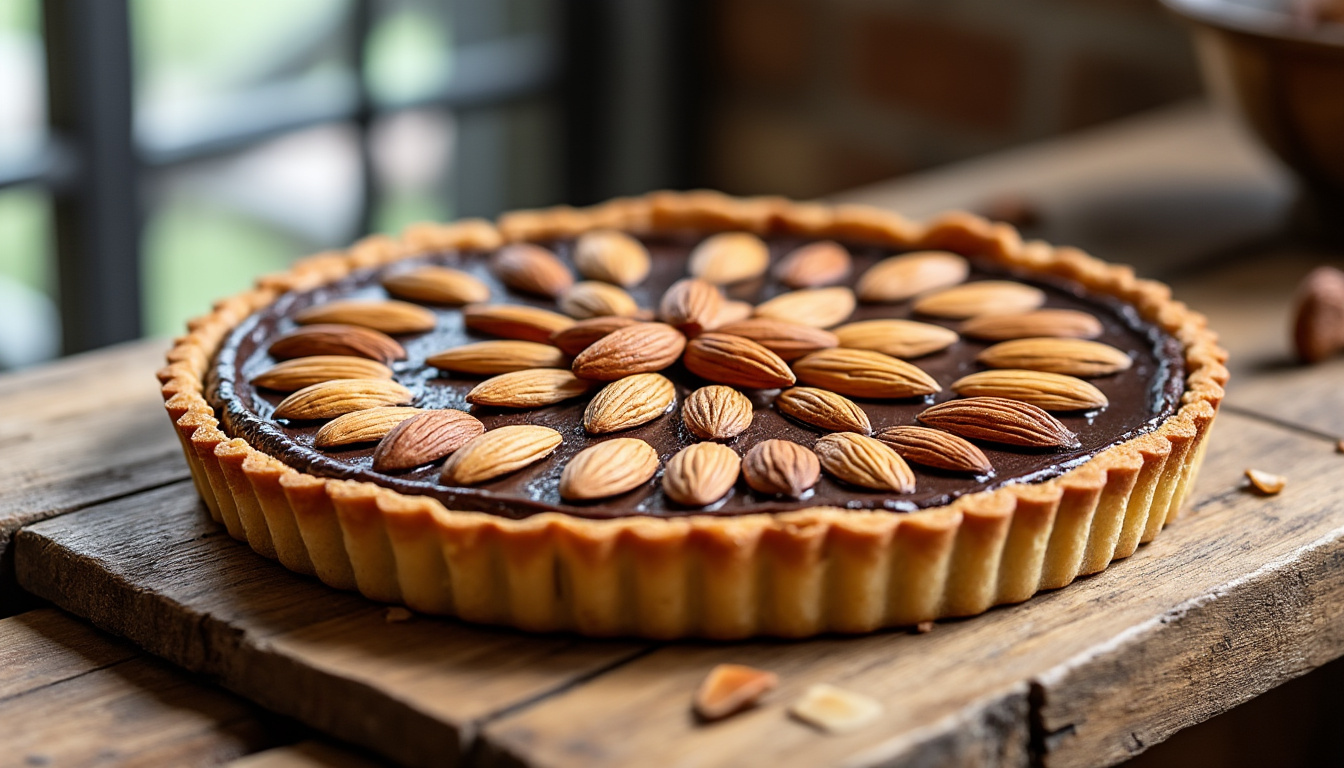 Tarte au chocolat et aux amandes 1 découvrez notre délicieuse recette de tarte au chocolat et aux amandes, alliant douceur et croquant pour un dessert irrésistible.